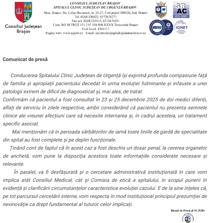 Investigație penală și control intern la Spitalul Județean Brașov, cauzate de decesul prin infarct al unui bărbat de 35 de ani