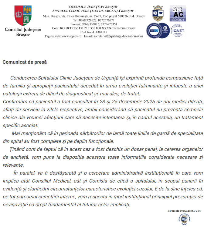 77a213bf5252 Investigație penală și control intern la Spitalul Județean Brașov, cauzate de decesul prin infarct al unui bărbat de 35 de ani